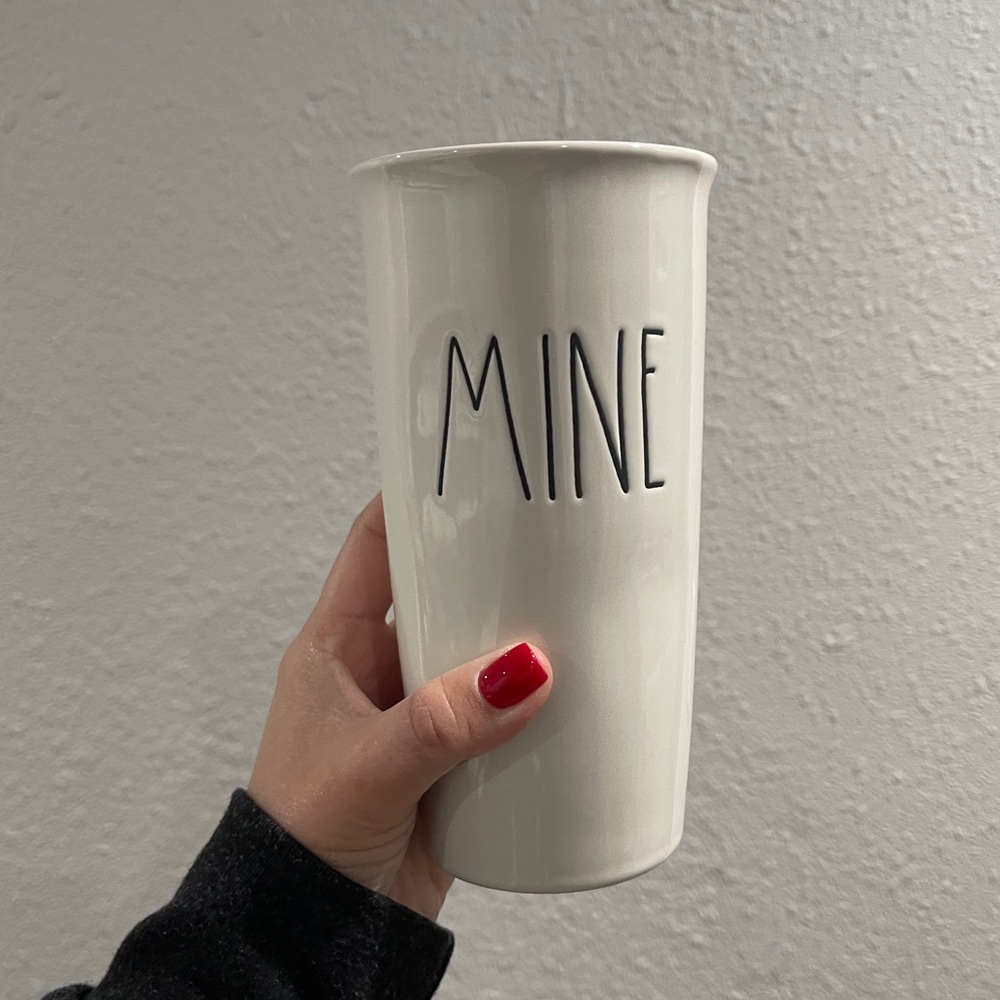 Rae Dunn White Ceramic Tumbler with lid ‘Mine’